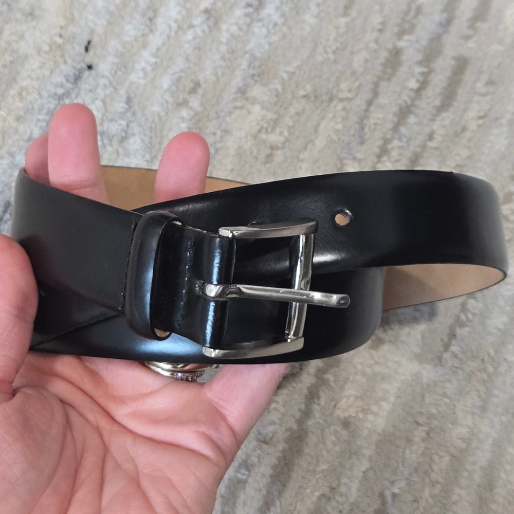 Montebello Black Genuine Leather Belt Made in Spain Silver Buckle Size 34